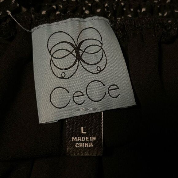 CECE NWT Black/White Dot Print Long Ruffle Sleeve Off Shoulder Chiffon Blouse L - Picture 11 of 13